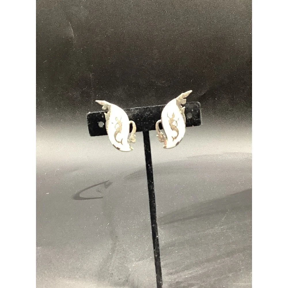 VTG Earrings & Clip Siam Sterling Silver White Mermaid Clip-On Niello C. 40’s